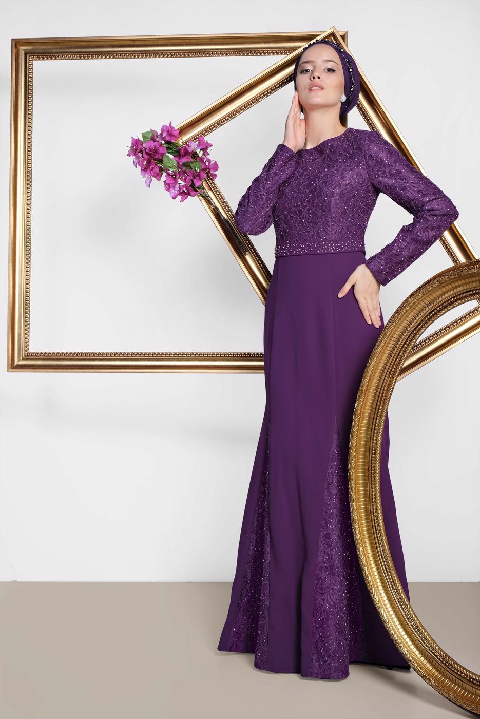 Tesettür giyim MOR ALVİNA TAŞLI ABİYE ELBİSE T 5474