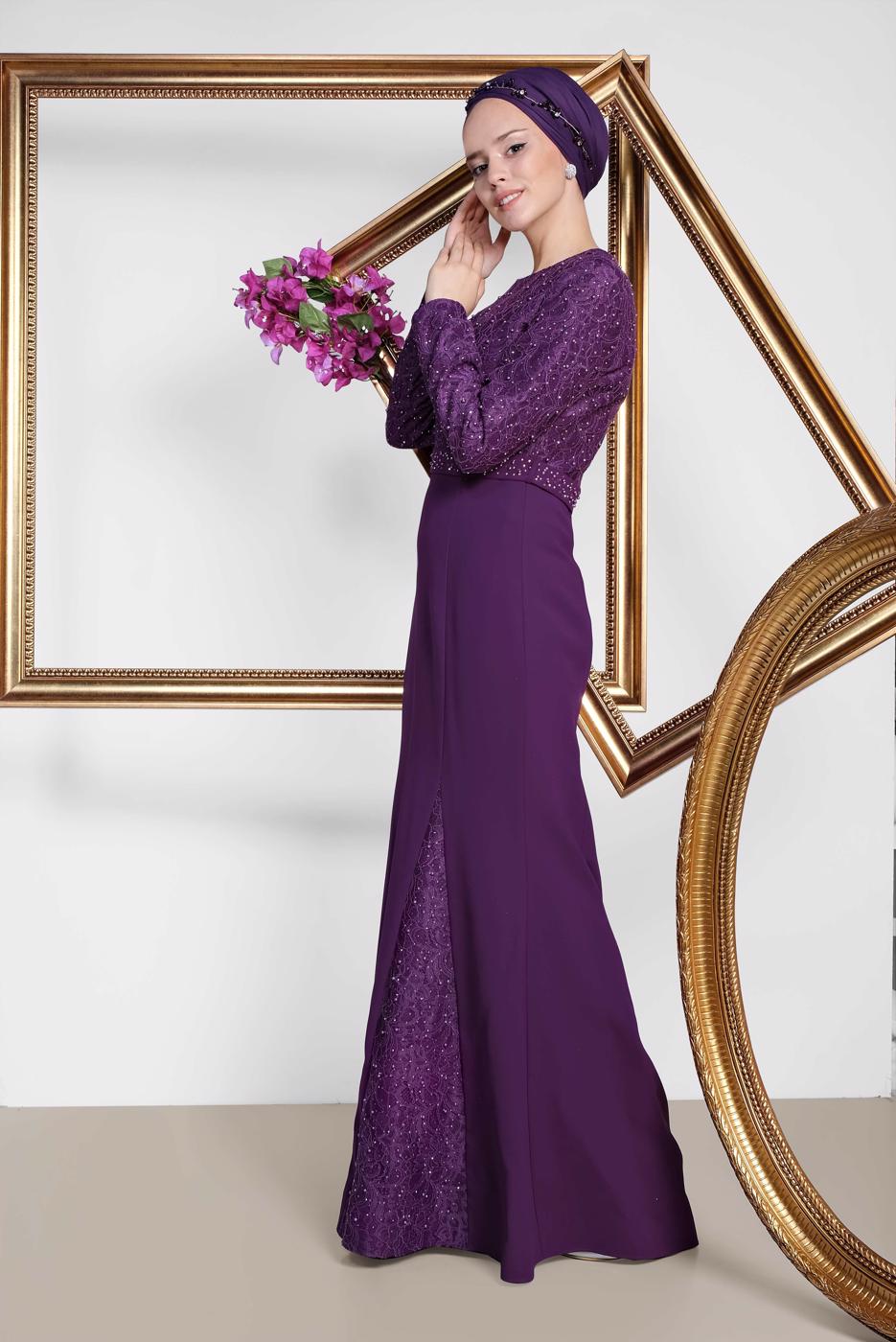 Tesettür giyim MOR ALVİNA TAŞLI ABİYE ELBİSE T 5474