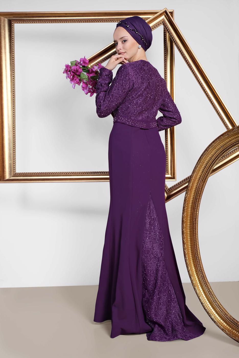 Tesettür giyim MOR ALVİNA TAŞLI ABİYE ELBİSE T 5474