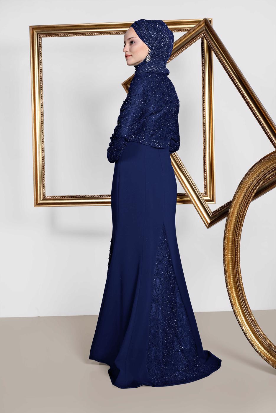 Tesettür giyim LACİVERT ALVİNA TAŞLI ABİYE ELBİSE T 5474