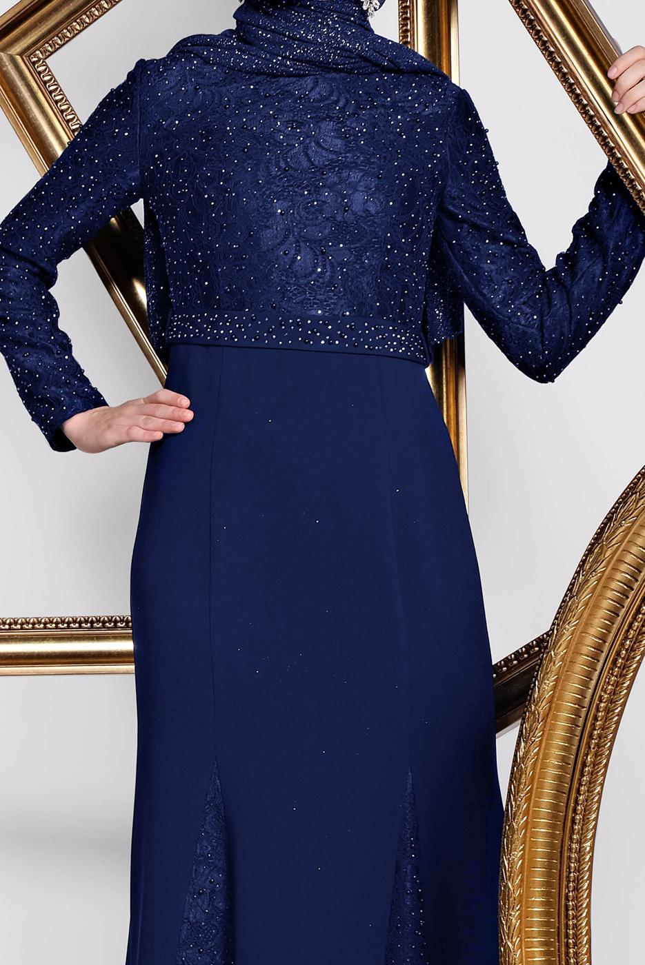 Tesettür giyim LACİVERT ALVİNA TAŞLI ABİYE ELBİSE T 5474