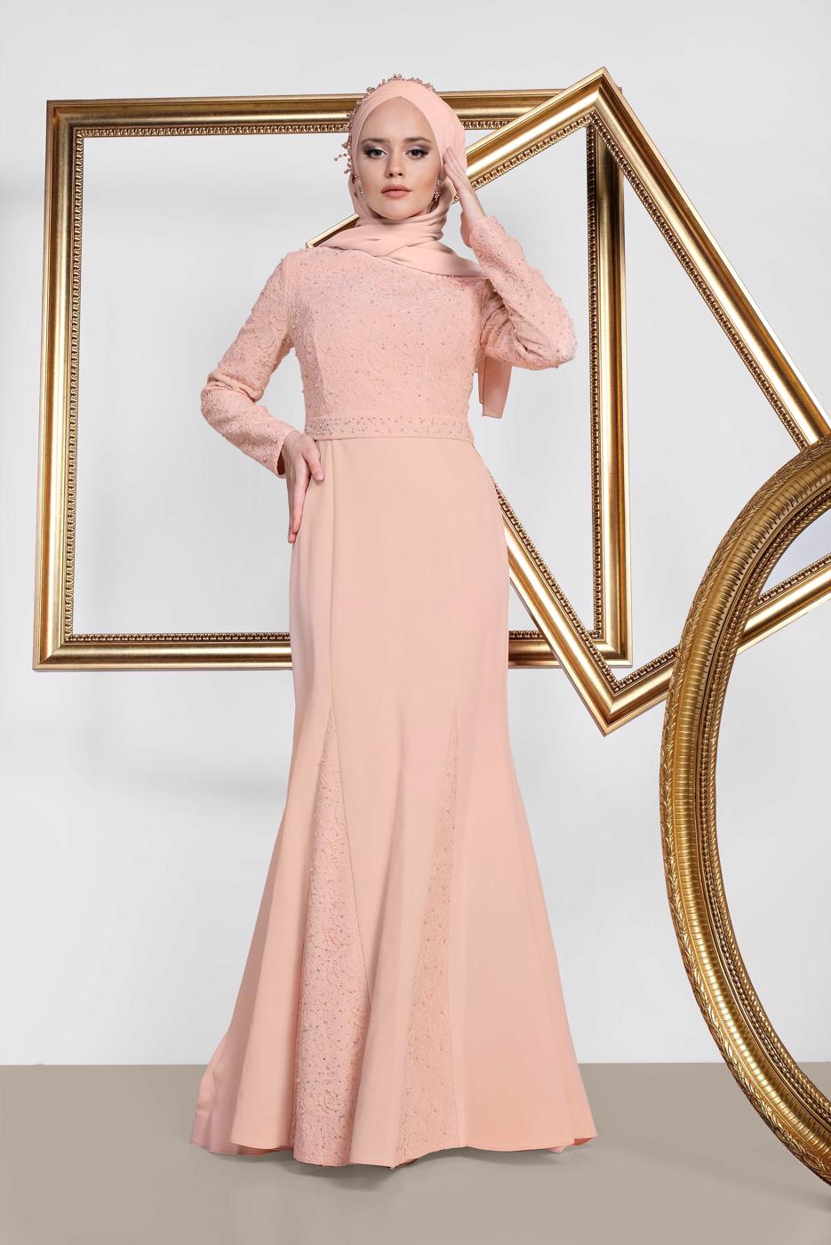 Tesettür giyim PUDRA ALVİNA TAŞLI ABİYE ELBİSE T 5474