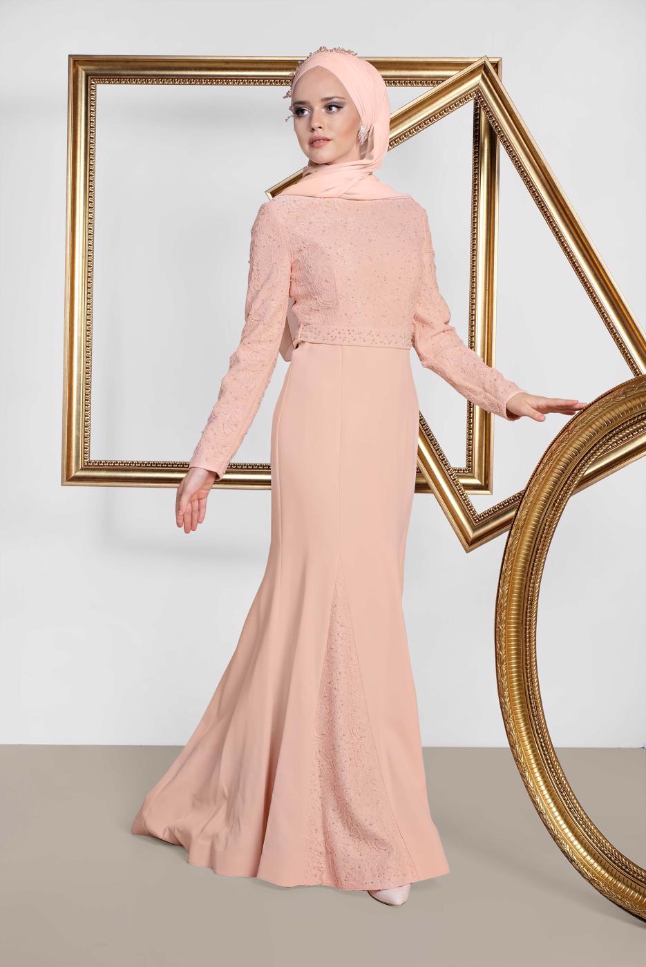 Tesettür giyim PUDRA ALVİNA TAŞLI ABİYE ELBİSE T 5474