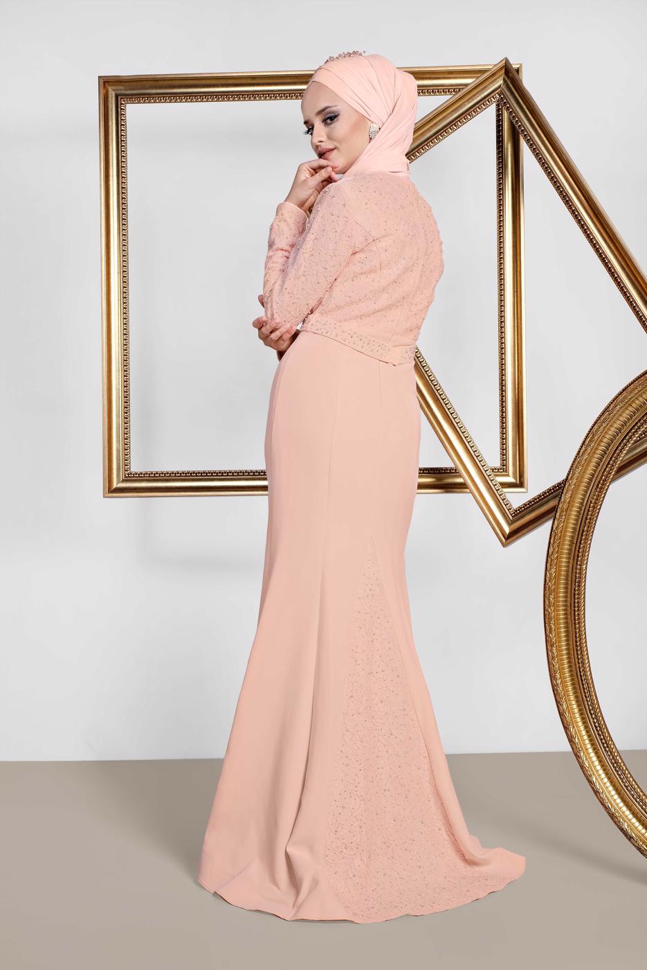 Tesettür giyim PUDRA ALVİNA TAŞLI ABİYE ELBİSE T 5474