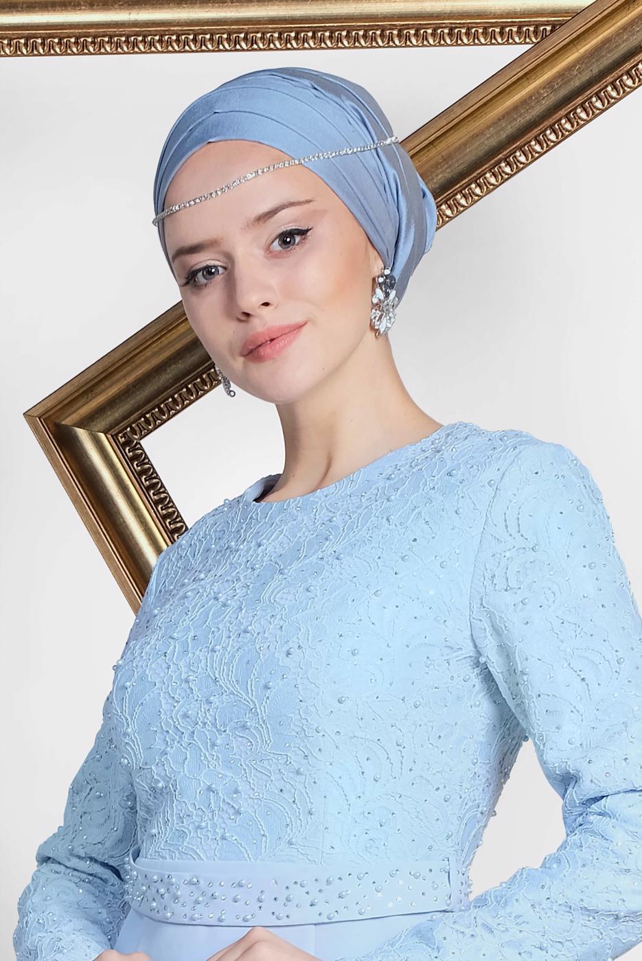 Tesettür giyim MAVİ ALVİNA TAŞLI ABİYE ELBİSE T 5474