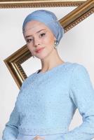 Tesettür giyim MAVİ ALVİNA TAŞLI ABİYE ELBİSE T 5474