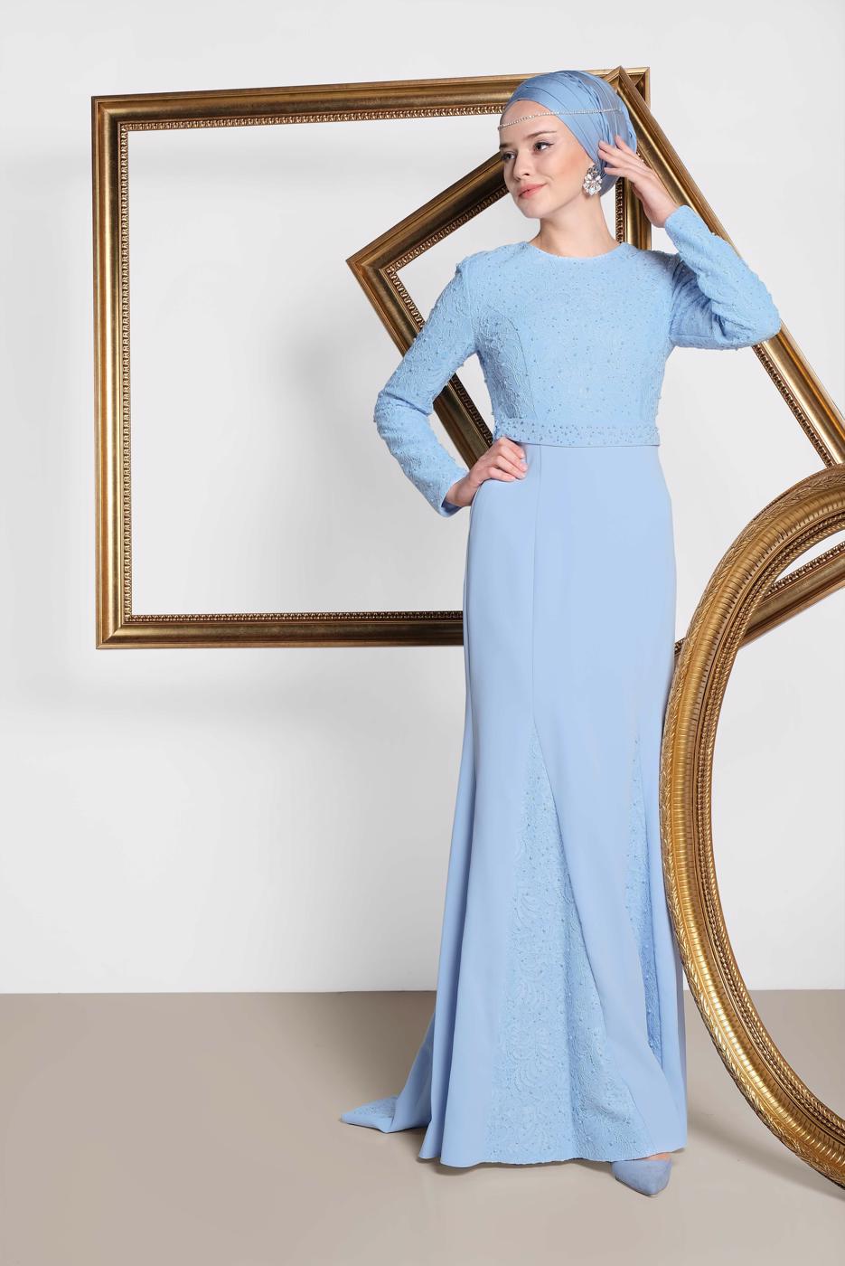 Tesettür giyim MAVİ ALVİNA TAŞLI ABİYE ELBİSE T 5474