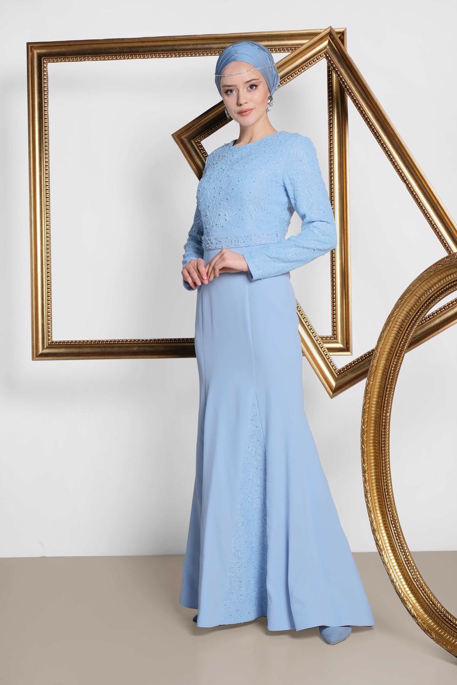 Tesettür giyim MAVİ ALVİNA TAŞLI ABİYE ELBİSE T 5474