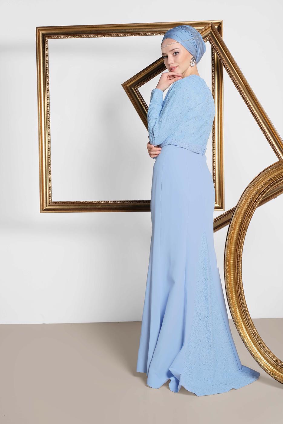 Tesettür giyim MAVİ ALVİNA TAŞLI ABİYE ELBİSE T 5474