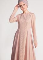 Tesettür giyim PUDRA TAŞ İŞLEMELİ ABİYE ELBİSE 5476