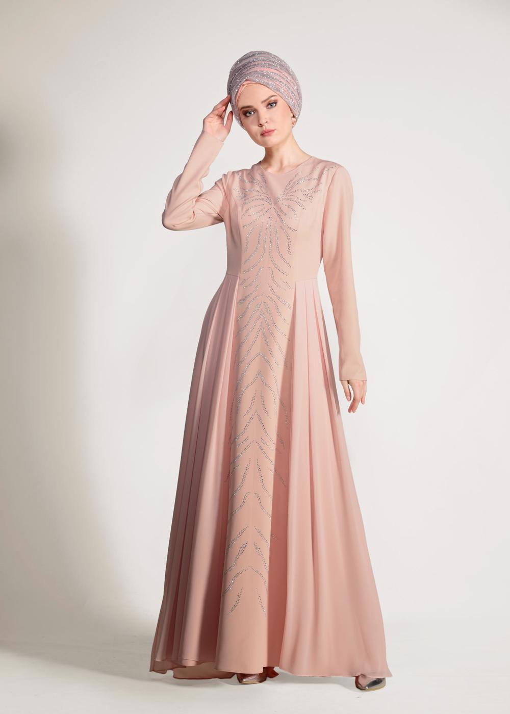 Tesettür giyim PUDRA TAŞ İŞLEMELİ ABİYE ELBİSE 5476