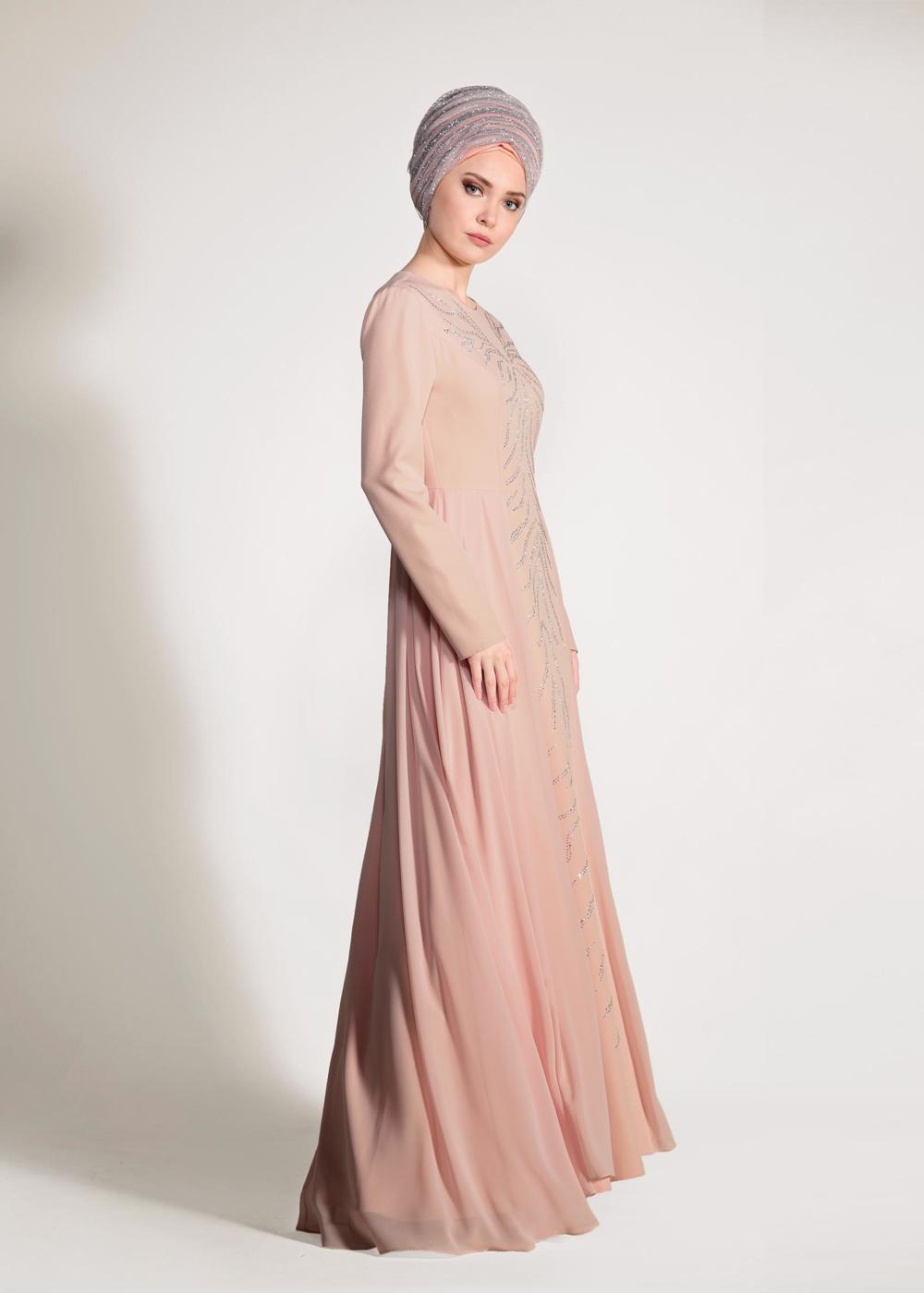 Tesettür giyim PUDRA TAŞ İŞLEMELİ ABİYE ELBİSE 5476