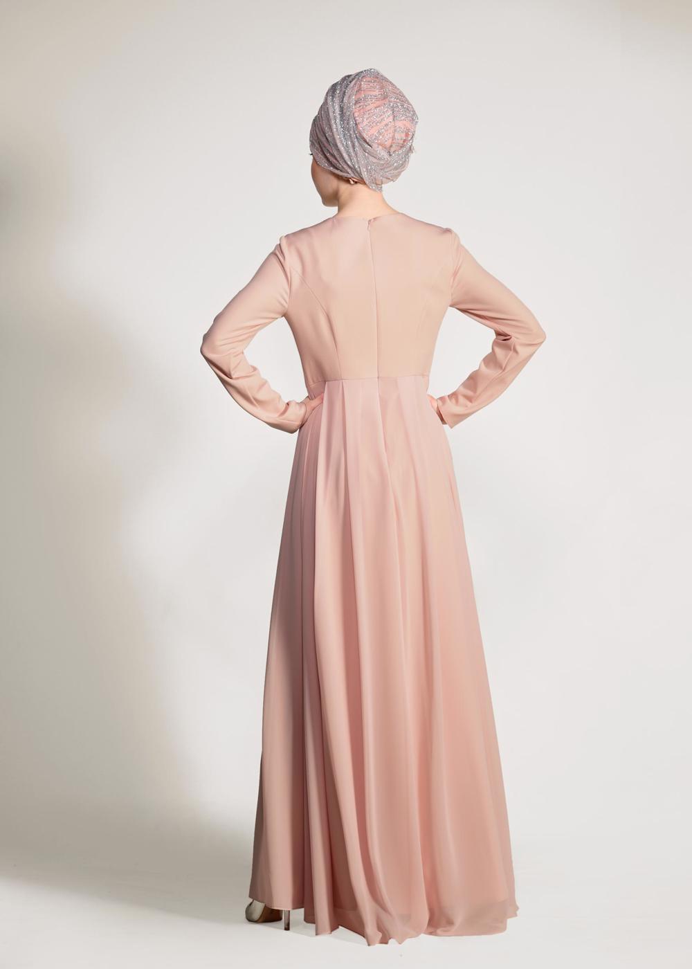 Tesettür giyim PUDRA TAŞ İŞLEMELİ ABİYE ELBİSE 5476