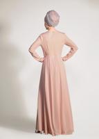 Tesettür giyim PUDRA TAŞ İŞLEMELİ ABİYE ELBİSE 5476