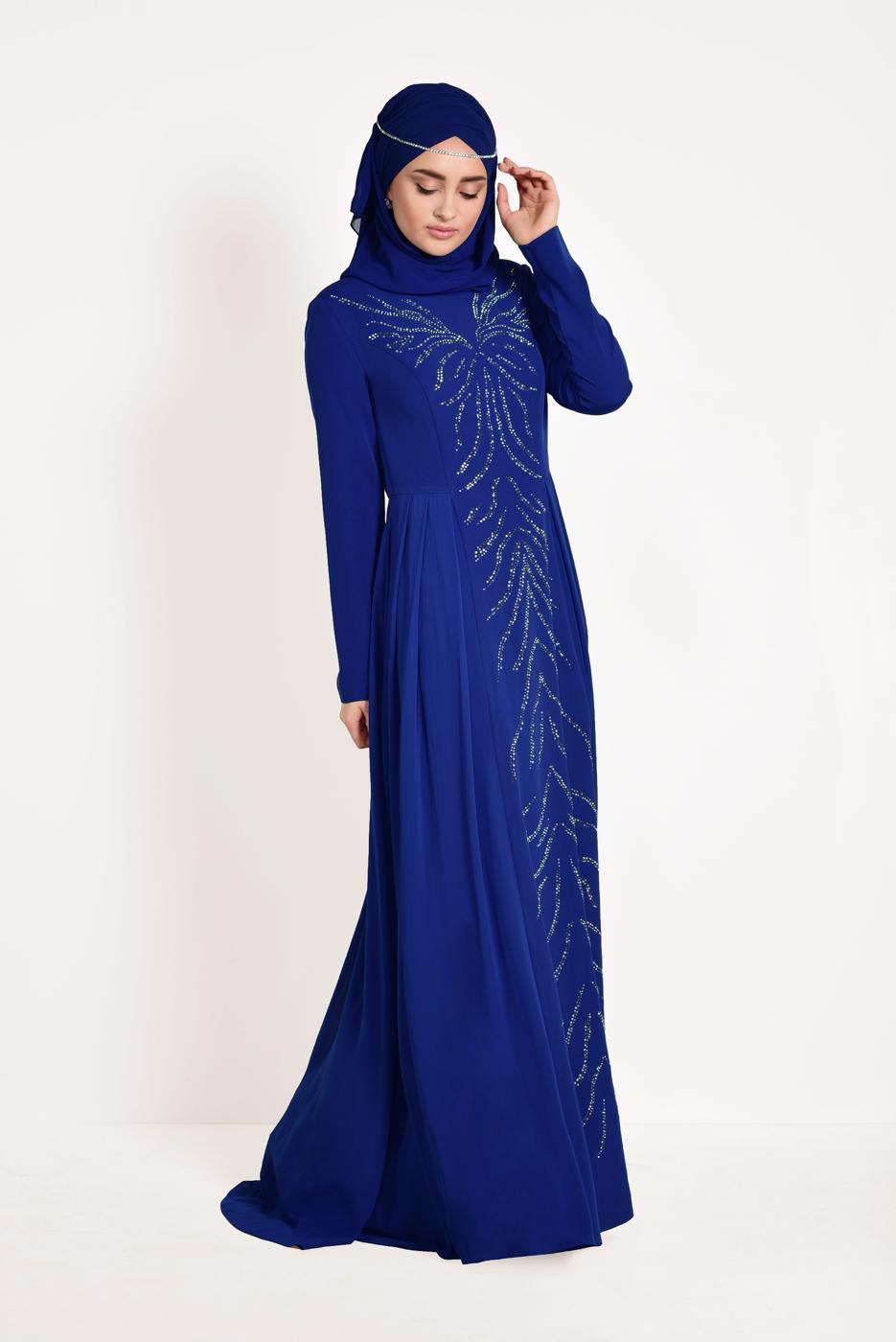 Tesettür giyim LACİVERT TAŞ İŞLEMELİ ABİYE ELBİSE 5476