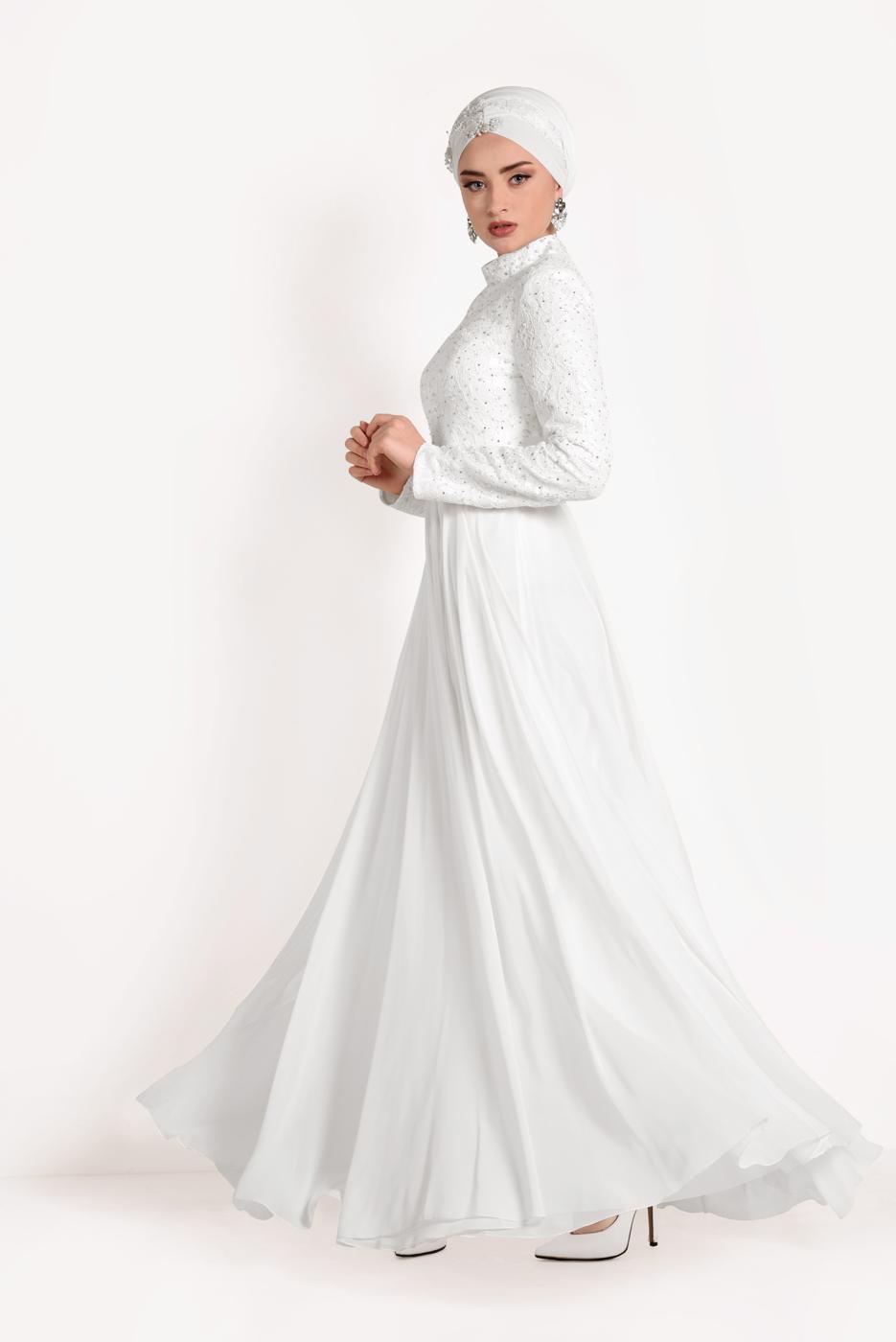 Tesettür giyim KREM ALVİNA DANTEL DETAYLI ABİYE ELBİSE T 5478