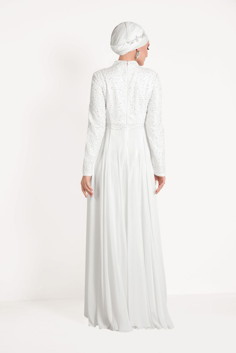 Tesettür giyim KREM ALVİNA DANTEL DETAYLI ABİYE ELBİSE T 5478