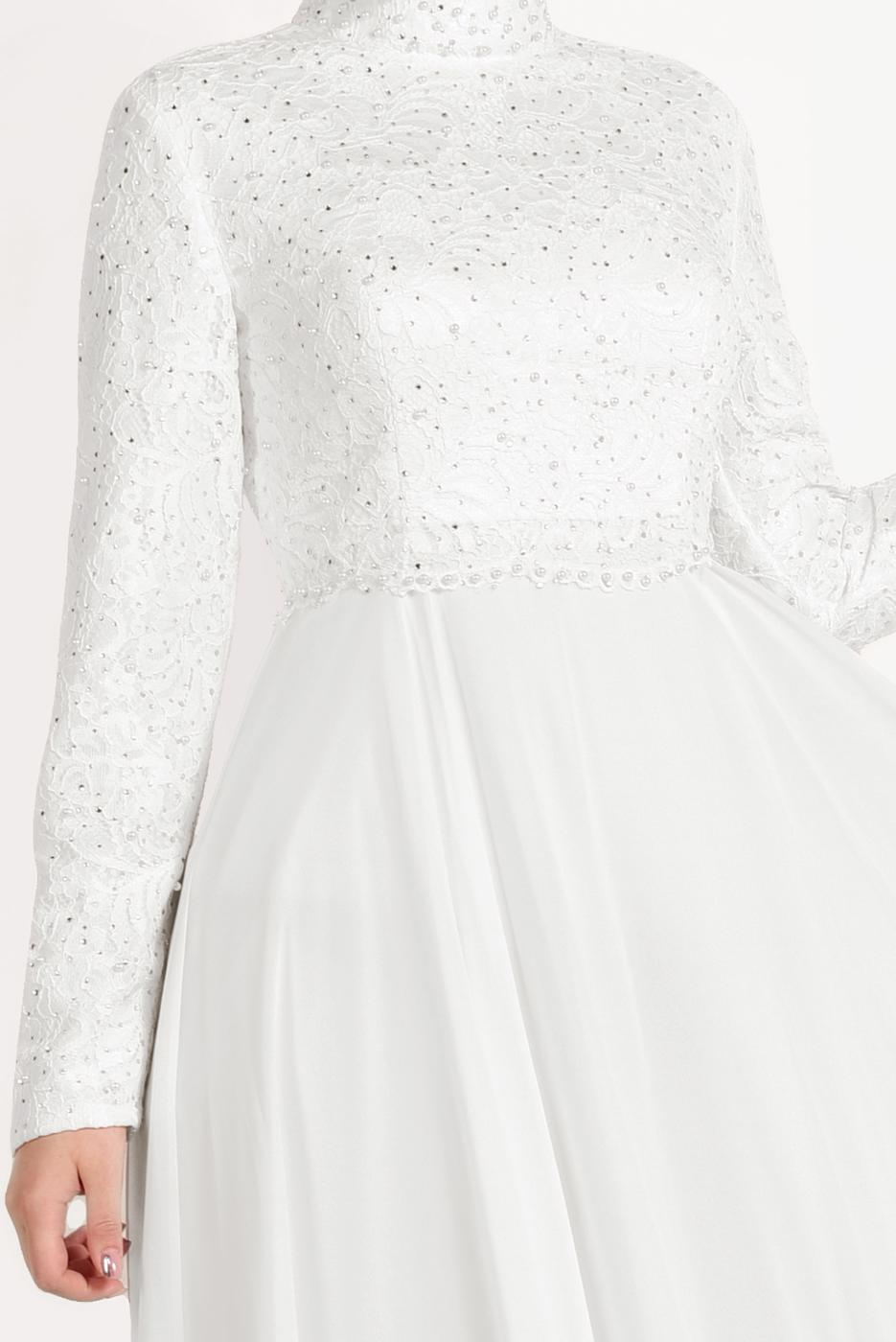 Tesettür giyim KREM ALVİNA DANTEL DETAYLI ABİYE ELBİSE T 5478