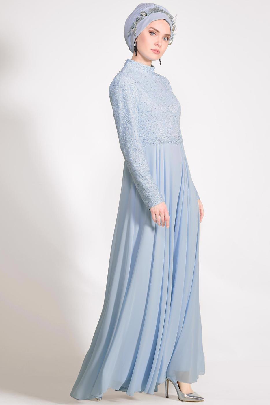 Tesettür giyim MAVİ ALVİNA DANTEL DETAYLI ABİYE ELBİSE T 5478