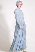 Tesettür giyim MAVİ ALVİNA DANTEL DETAYLI ABİYE ELBİSE T 5478