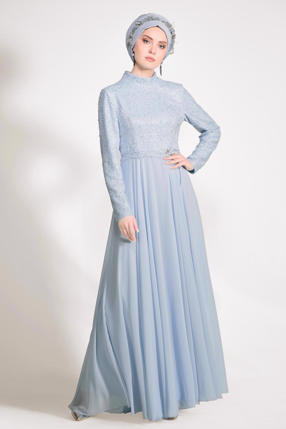 Tesettür giyim MAVİ ALVİNA DANTEL DETAYLI ABİYE ELBİSE T 5478