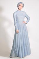 Tesettür giyim MAVİ ALVİNA DANTEL DETAYLI ABİYE ELBİSE T 5478