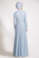 Tesettür giyim MAVİ ALVİNA DANTEL DETAYLI ABİYE ELBİSE T 5478