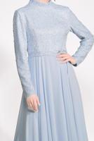 Tesettür giyim MAVİ ALVİNA DANTEL DETAYLI ABİYE ELBİSE T 5478