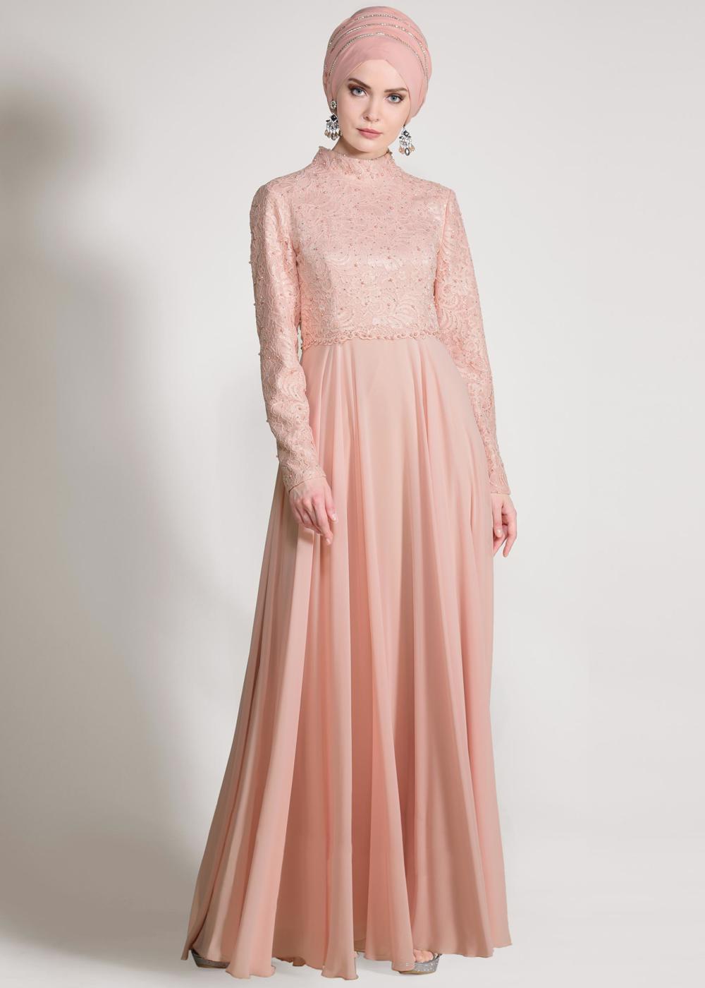 Tesettür giyim PUDRA ALVİNA DANTEL DETAYLI ABİYE ELBİSE T 5478