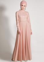 Tesettür giyim PUDRA ALVİNA DANTEL DETAYLI ABİYE ELBİSE T 5478