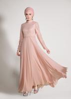 Tesettür giyim PUDRA ALVİNA DANTEL DETAYLI ABİYE ELBİSE T 5478