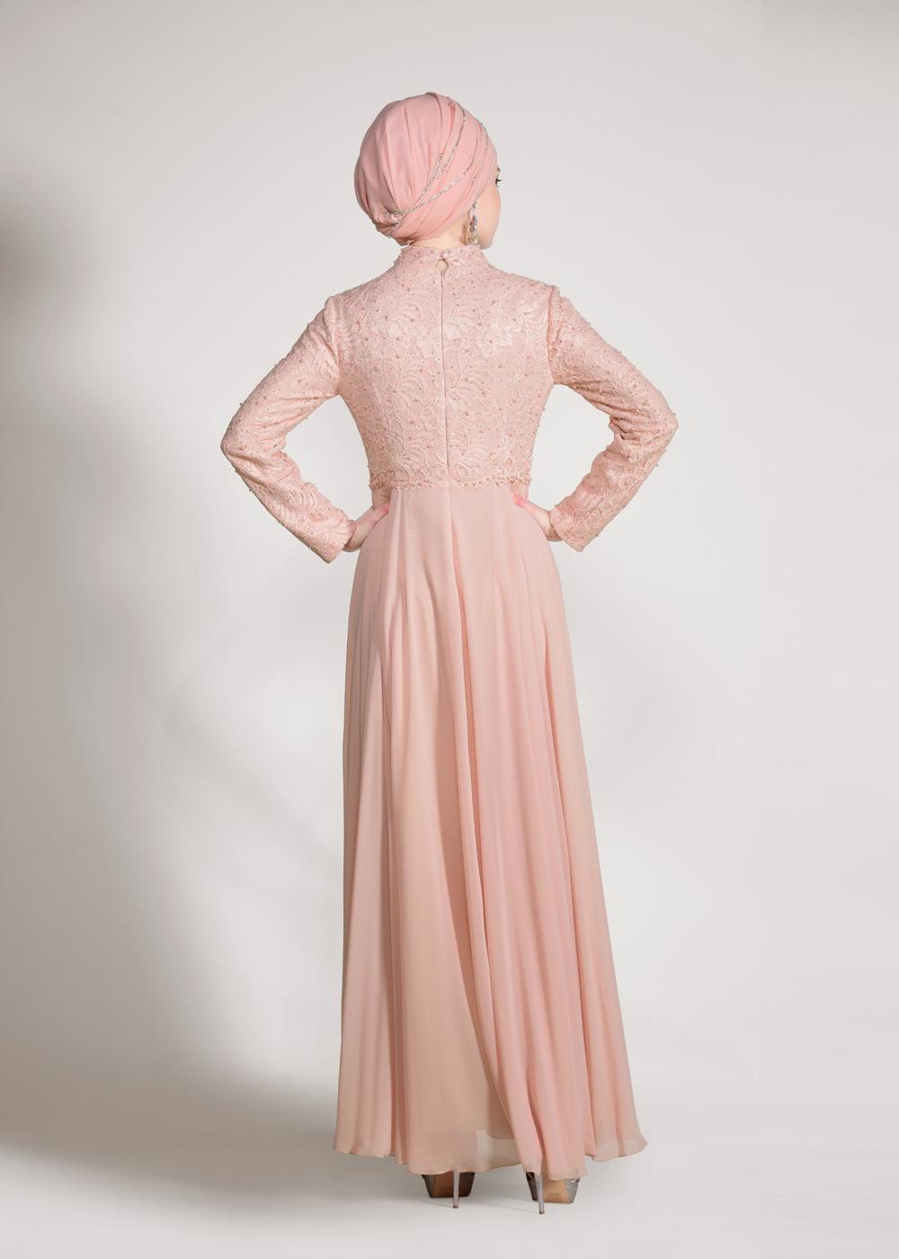 Tesettür giyim PUDRA ALVİNA DANTEL DETAYLI ABİYE ELBİSE T 5478