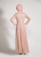 Tesettür giyim PUDRA ALVİNA DANTEL DETAYLI ABİYE ELBİSE T 5478