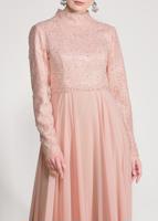 Tesettür giyim PUDRA ALVİNA DANTEL DETAYLI ABİYE ELBİSE T 5478