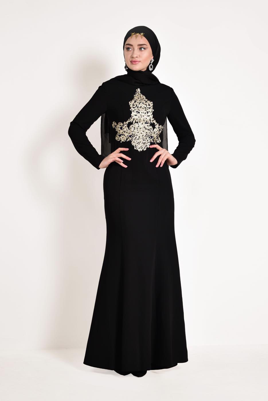 Tesettür giyim SİYAH GÜPÜRLÜ BALIK ABİYE ELBİSE 5484