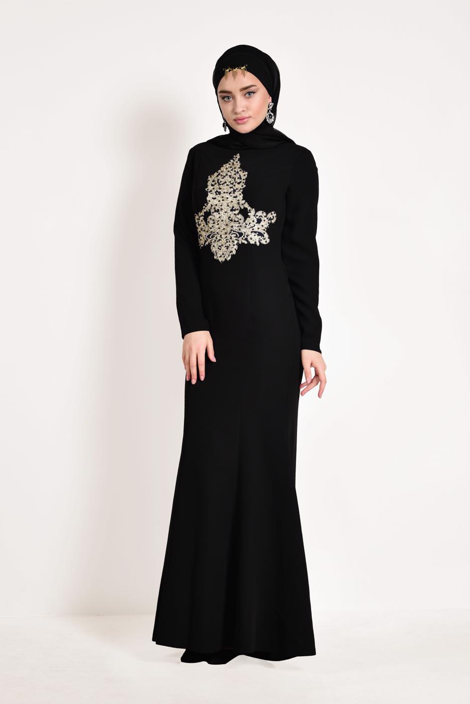 Tesettür giyim SİYAH GÜPÜRLÜ BALIK ABİYE ELBİSE 5484