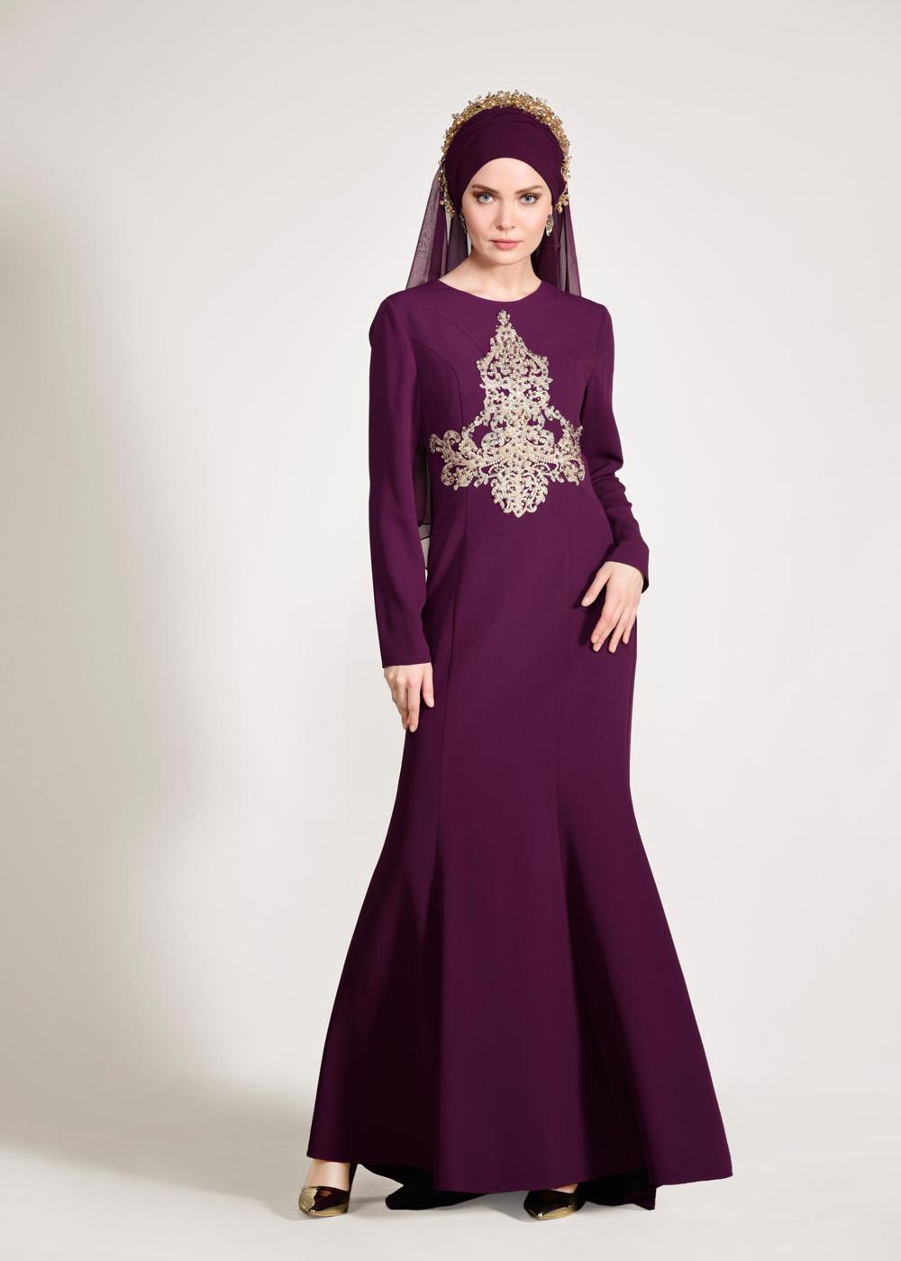 Tesettür giyim MOR GÜPÜRLÜ BALIK ABİYE ELBİSE 5484