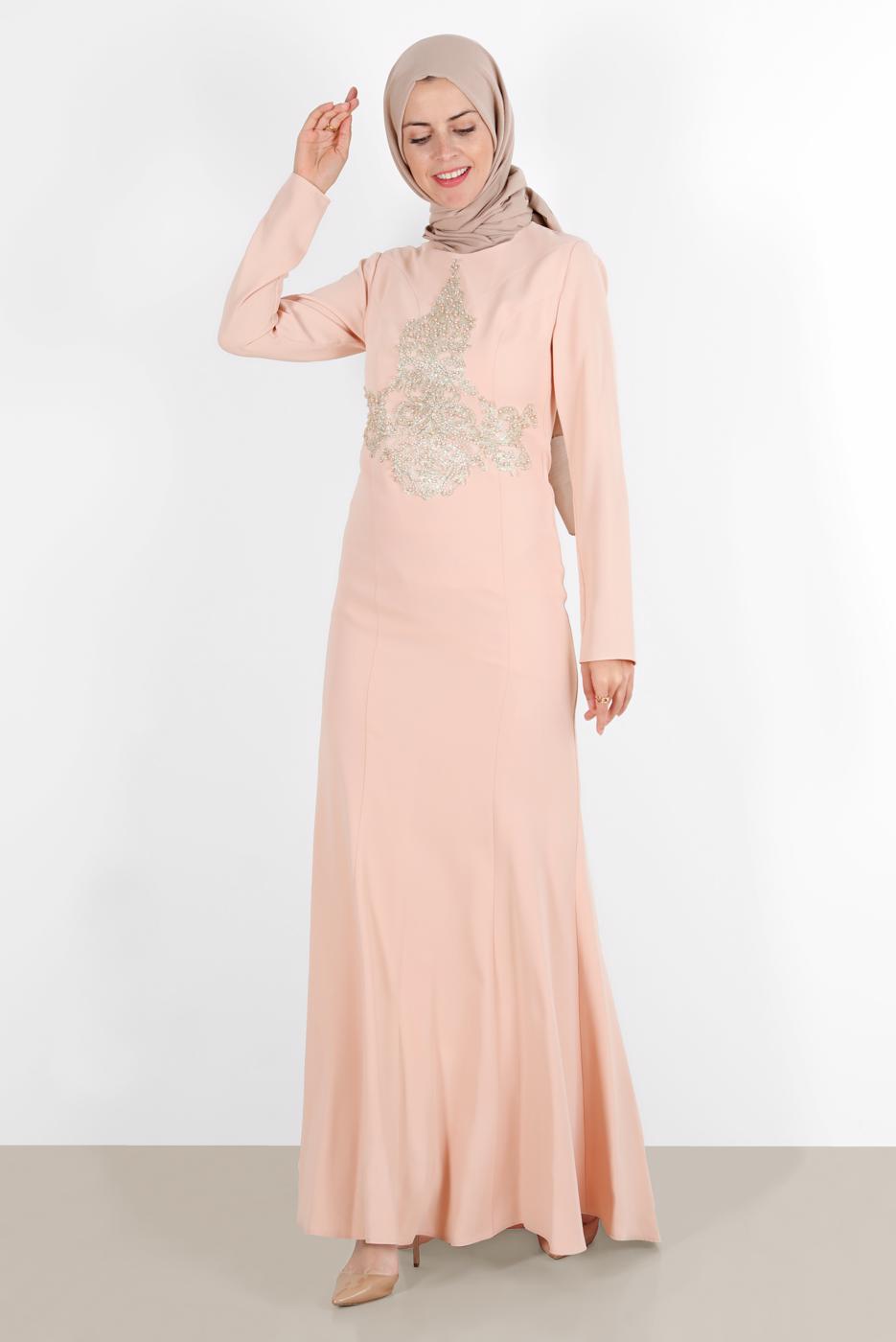Tesettür giyim PUDRA GÜPÜRLÜ BALIK ABİYE ELBİSE 5484