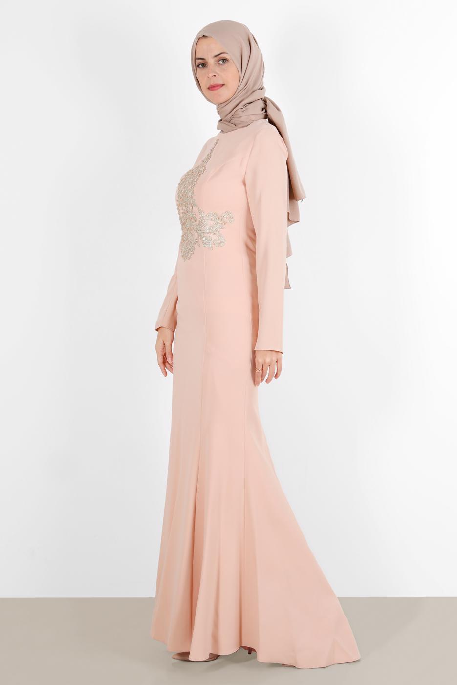 Tesettür giyim PUDRA GÜPÜRLÜ BALIK ABİYE ELBİSE 5484