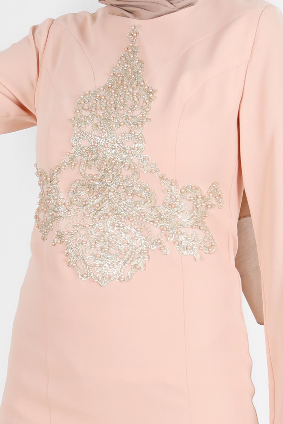 Tesettür giyim PUDRA GÜPÜRLÜ BALIK ABİYE ELBİSE 5484