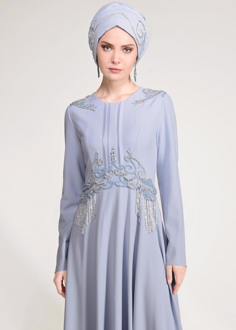 Tesettür giyim MAVİ BONCUK İŞLEMELİ ABİYE ELBİSE  5490