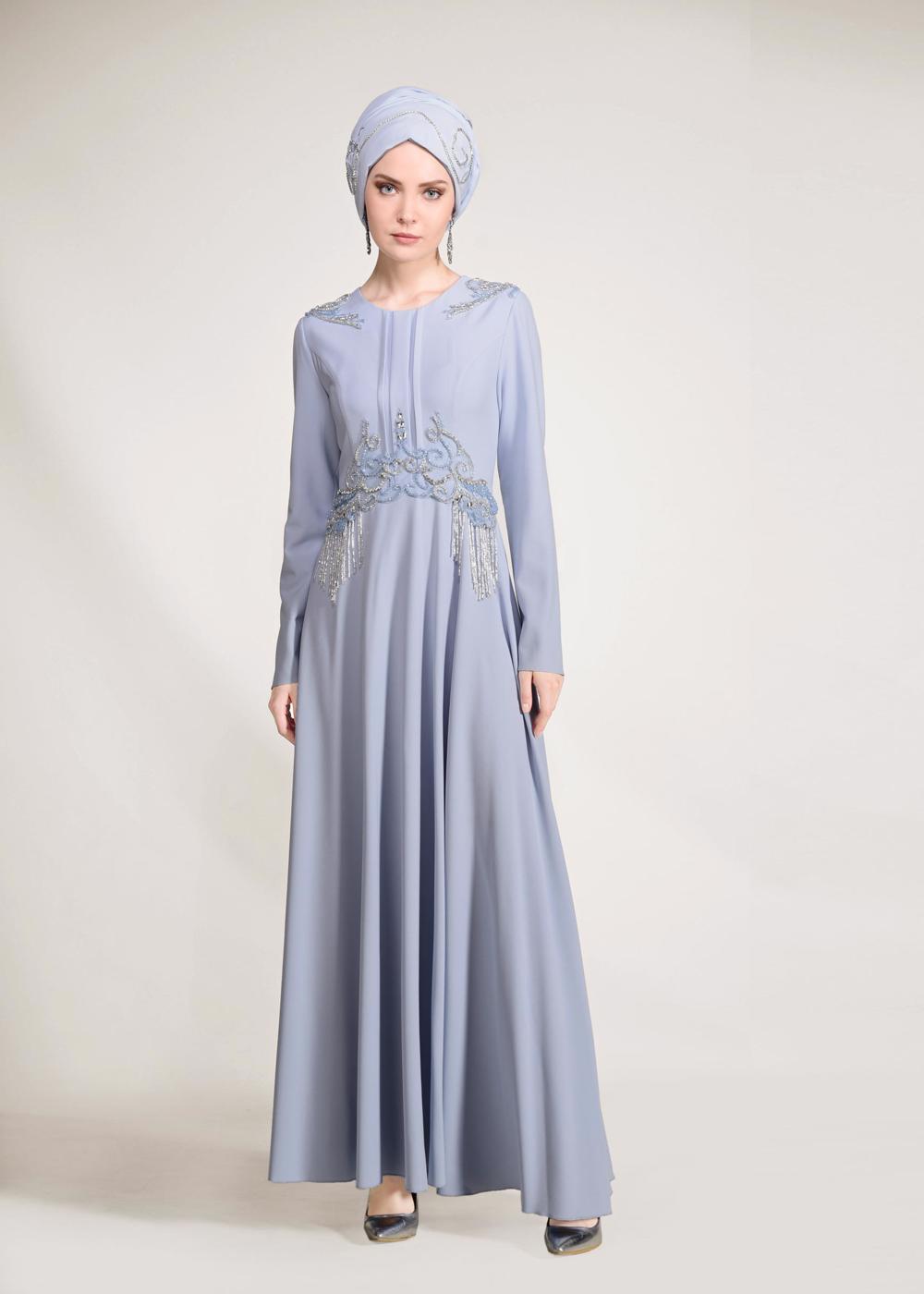 Tesettür giyim MAVİ BONCUK İŞLEMELİ ABİYE ELBİSE  5490