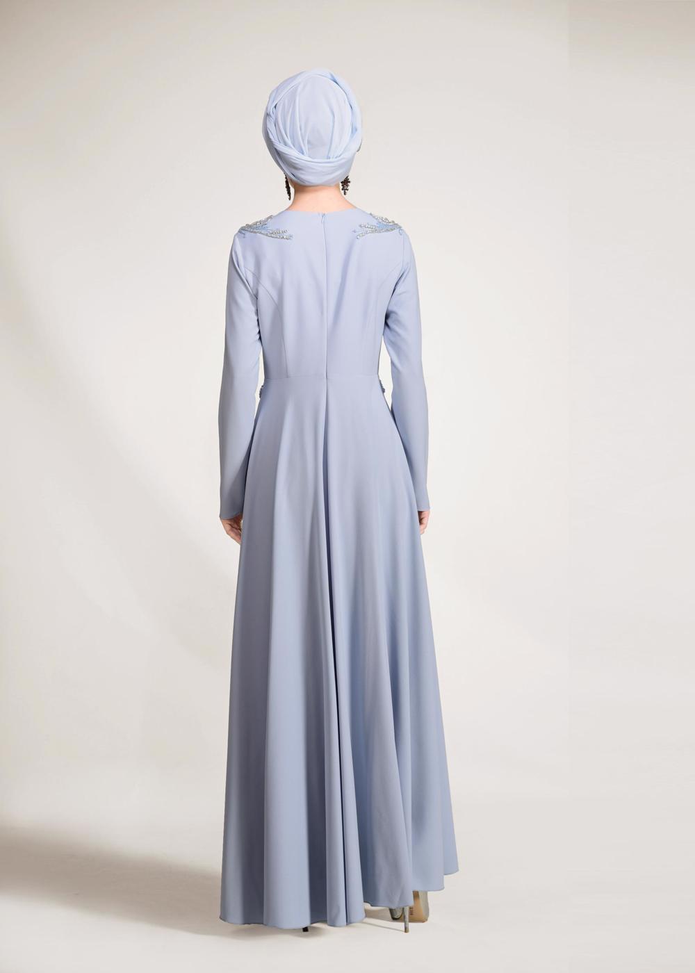 Tesettür giyim MAVİ BONCUK İŞLEMELİ ABİYE ELBİSE  5490