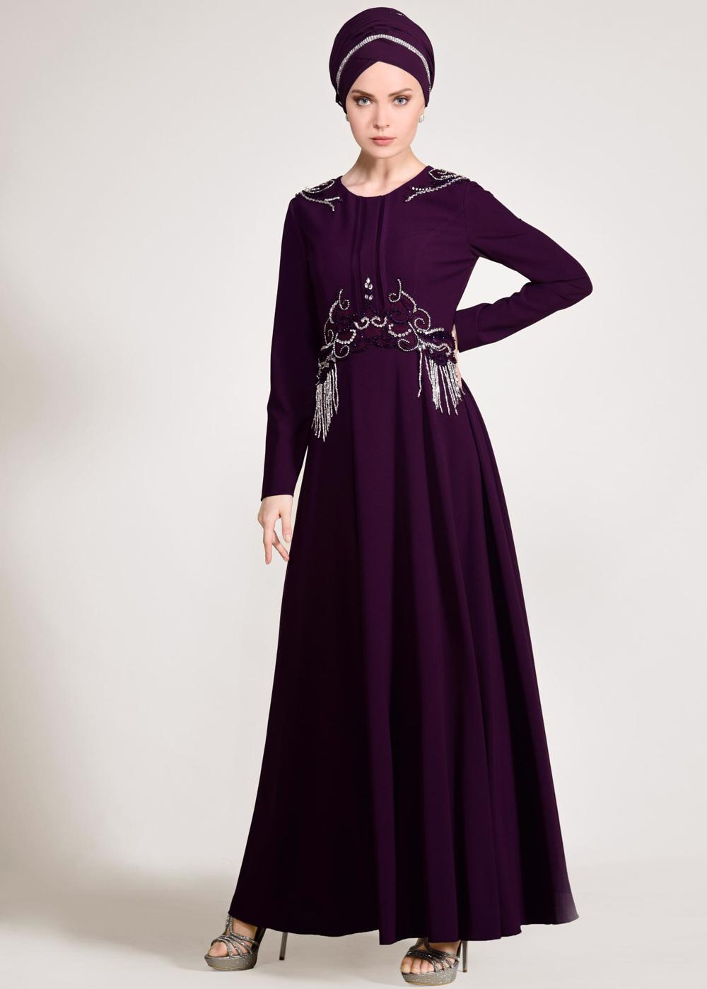 Tesettür giyim MOR BONCUK İŞLEMELİ ABİYE ELBİSE  5490