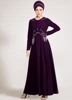 Tesettür giyim MOR BONCUK İŞLEMELİ ABİYE ELBİSE  5490