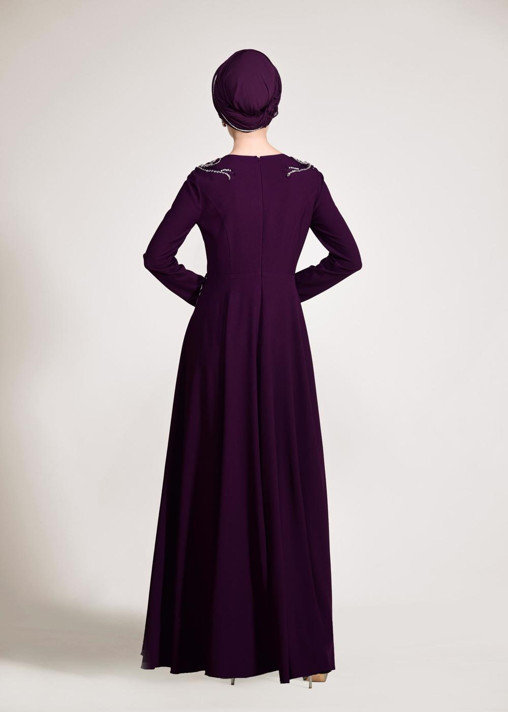 Tesettür giyim MOR BONCUK İŞLEMELİ ABİYE ELBİSE  5490