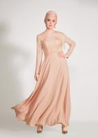 Tesettür giyim PUDRA GÜPÜRLÜ OMUZLARI SAÇAKLI ABİYE ELBİSE 5500