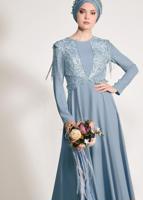 Tesettür giyim MAVİ GÜPÜRLÜ OMUZLARI SAÇAKLI ABİYE ELBİSE 5500