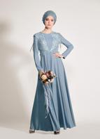 Tesettür giyim MAVİ GÜPÜRLÜ OMUZLARI SAÇAKLI ABİYE ELBİSE 5500