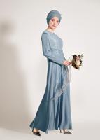 Tesettür giyim MAVİ GÜPÜRLÜ OMUZLARI SAÇAKLI ABİYE ELBİSE 5500